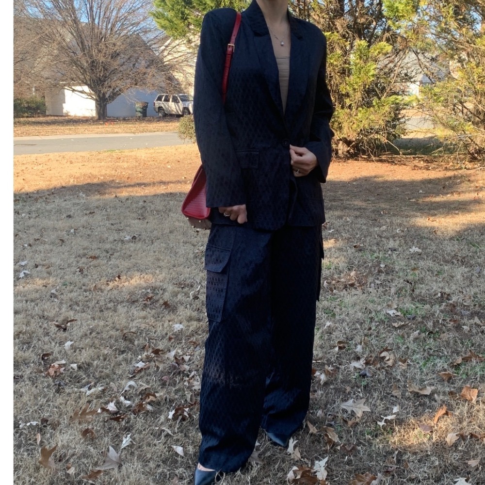 SANI navy‎ set suit blazer trousers size S classic elegant formal wide leg satin
